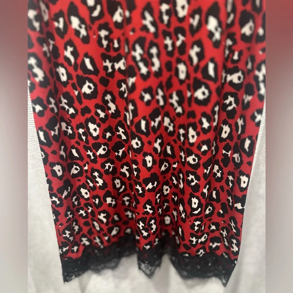 Women’s ZARA Red Leopard Print Camisole Slip Dress Lace Stretch Midi Dress Small